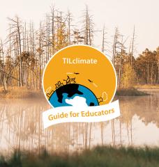 A wetland with a grey sky, with the TILclimate Guides for Educators logo in front