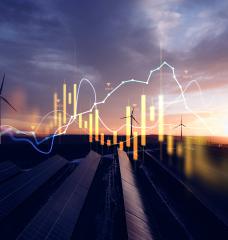 a market price line chart against a background of wind turbines