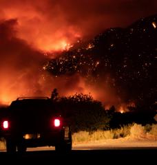 Car driving through forest fire