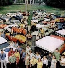 Before setting off on their six-day-long cross country race, participants of the Clean Air Car Race gathered on MIT’s Killian Court for a photo-op.