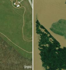 A generative AI model visualizes how floods in Texas would look like in satellite imagery. The original photo is on the left, and the AI generated image is in on the right.