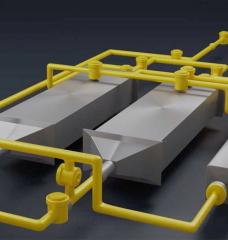 In this diagram of the new system, air entering from top right passes to one of two chambers (the gray rectangular structures) containing battery electrodes that attract the carbon dioxide. Then the airflow is switched to the other chamber, while the accumulated carbon dioxide in the first chamber is flushed into a separate storage tank (at right). These alternating flows allow for continuous operation of the two-step process.