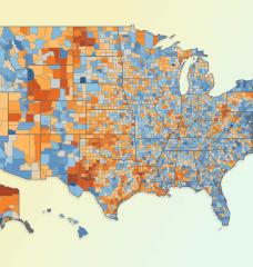 A new map shows which U.S. counties have the highest concentration of jobs that could be affected by the transition to renewable energy, based on new research by Christopher Knittel, the George P. Shultz Professor at the MIT Sloan School of Management, and Kailin Graham, of MIT’s Center for Energy and Environmental Policy Research. Counties in blue are less potentially affected by the energy transition, and counties in red are more potentially affected.