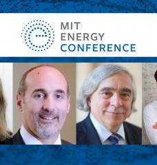 The virtual 2021 MIT Energy Conference featured numerous speakers including, from left, Carolyn Comer of Shell; Anthony Dorazio of Avangrid Renewables; Dr. Ernest Moniz; and Jason Jay.