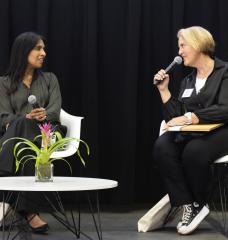 Two Founder Awards were given to MIT Professor Sangeeta Bhatia, left, and Johnson &amp; Johnson Innovation Head Michal Preminger for their work bringing people together to achieve hard things that benefit humanity.