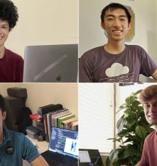 Clockwise from top left: Shaherul Haque, Raymond Li, Bryan Sperry, and Hugo Ramirez made significant contributions to high-energy-density research this summer, working from their home offices.