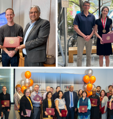 Top left: 2023 Bose Award for Excellence in Teaching winner Professor William Tisdale, with Department of Chemical Engineering head and Institute Professor Paula Hammond and Dean Anantha Chandrakasan. Top right: Capers (1976) and Marion McDonald Award for Excellence in Mentoring and Advising winner Professor Elsa Olivetti, with Professor Jeff Grossman and Chandrakasan. Bottom: Group photo of 2023 School of Engineering award winners.  