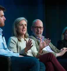 (Left to right:) Panelists Tim Schittekatte (MIT), Christina Hoffman (Avangrid), Johannes Pfeifenberger (The Brattle Group), and Julia Bovey (Eversource) explore the policy and regulation issues associated with offshore wind. 