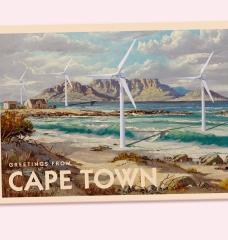 Greetings from Cape Town Postcard with offshore wind turbines