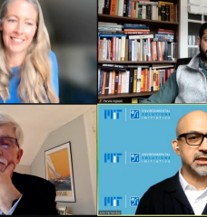 A broad cross-section of the MIT community was represented at a recent engagement forum. Clockwise from upper left: Senior Associate Dean and Director of the Office of Experiential Learning Kate Trimble, graduate student and president of the MIT Energy Club Pervez Agwan, ESI Director John Fernández, and Professor Tim Gutowski of the Department of Mechanical Engineering.