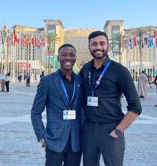 Two of MIT’s student delegates at COP28: Runako Gentles (left), an undergraduate in civil and environmental engineering (CEE), and Shiv Bhakta (right), a graduate student in the Leaders for Global Operations dual degree program within the MIT Sloan School of Management and CEE.