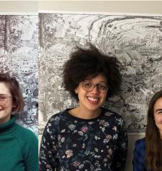 Graduate student Caroline White-Nockleby (left), undergraduate Mimi Wahid (center), and undergraduate Caroline Boone at the Center for Coalfield Justice offices in Greene County, Pennsylvania.