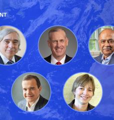 Event speakers included (clockwise from top left) Ernest Moniz, Jim Fitterling, Arvind Krishna, Maria Zuber, and Jeff Wilke. 