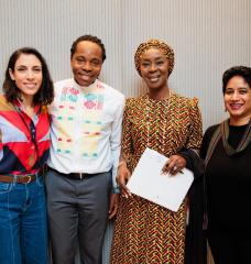 Left to right: MIT Solve Executive Director Hala Hanna joins David Sengeh SM ’12, PhD ’16; Toyin Saraki; and Lysa John at the 2023 Solve Challenge Finals.