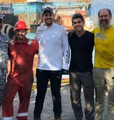 Left to right: Colonel Arsenio Soto Soto (DR Navy), MechE alumnus Folkers Rojas, MBA candidate Andrés Bisonó León, MechE alumnus Luke Gray, and Professor Alex Slocum at the SOS Carbon full-scale pilot at the Las Calderas Navy base at Bani in the Dominican Republic, in 2019.