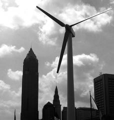 A wind turbine on the coast of Lake Erie in Cleveland, Ohio 